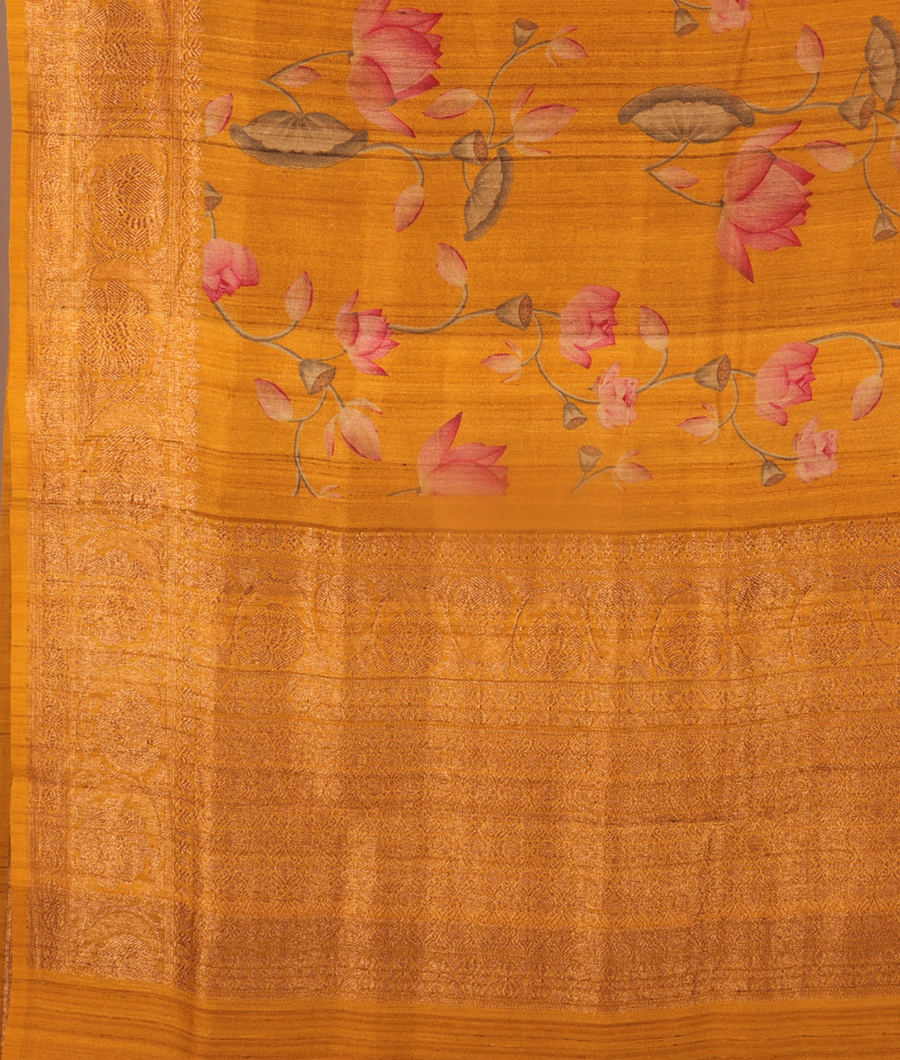 Yellow Tussar Printed Saree T3095064