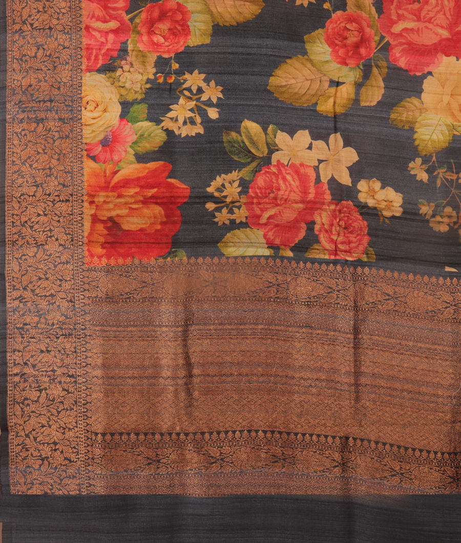 Grey Tusar Printed Saree T3095104