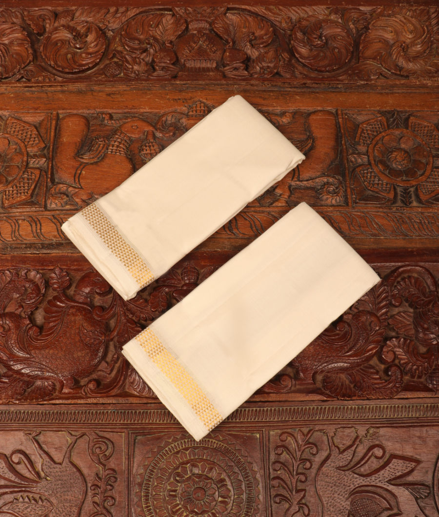 White Handwoven Kanjivaram Silk Dhoti and Vastharam T309275-image