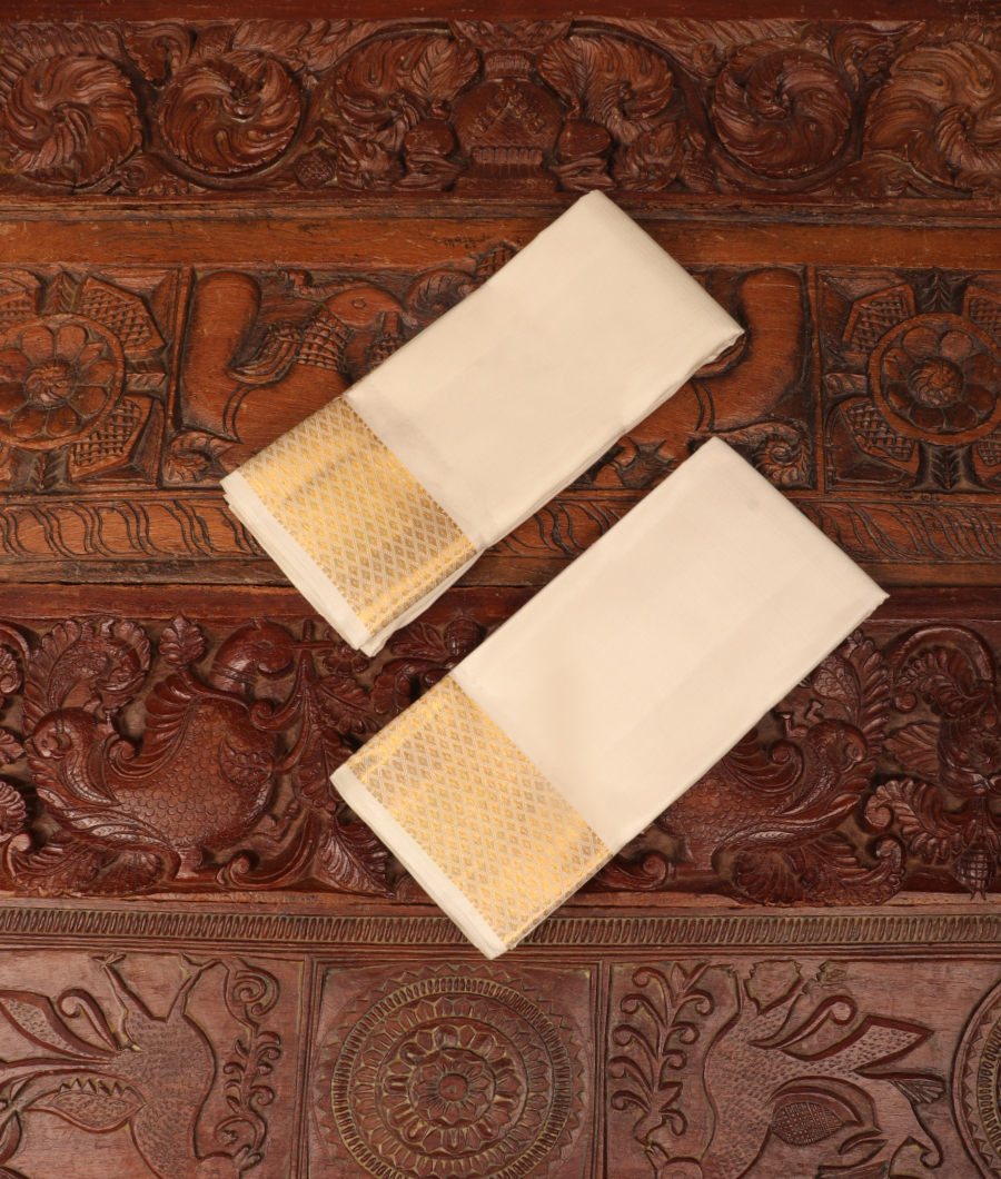 White Handwoven Kanjivaram Silk Dhoti and Vastharam T306941-image
