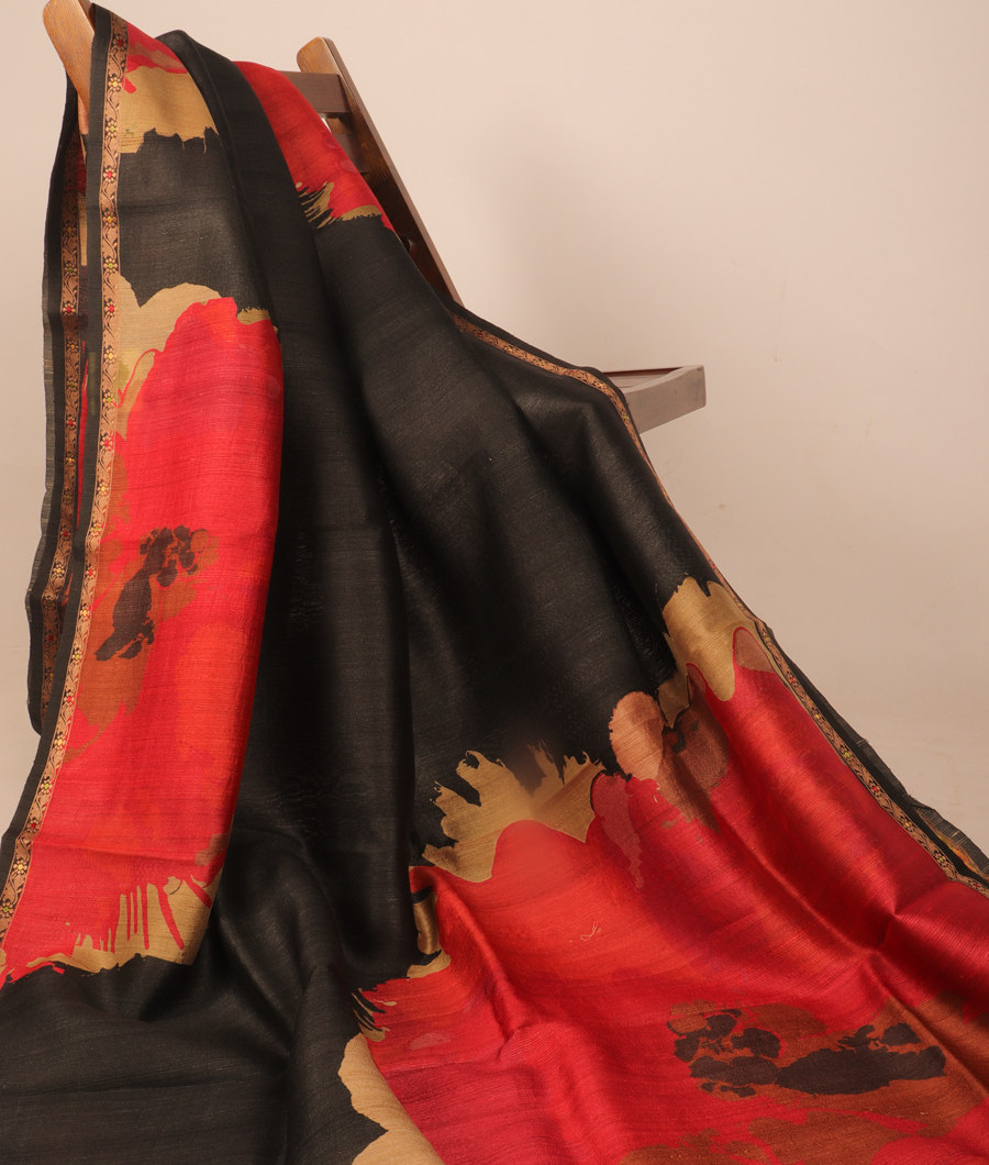 Black Tussar Printed Saree T3098582