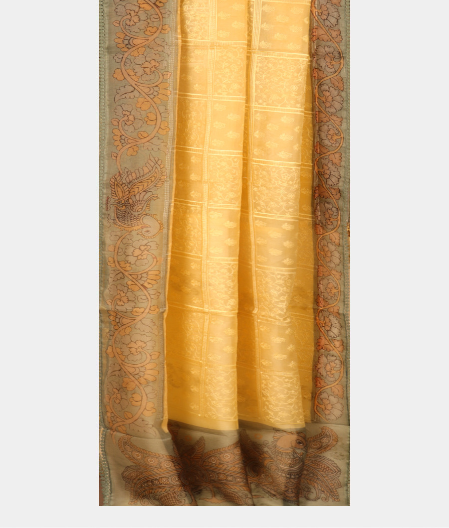 Yellow Kora Organza Printed Saree T3100052