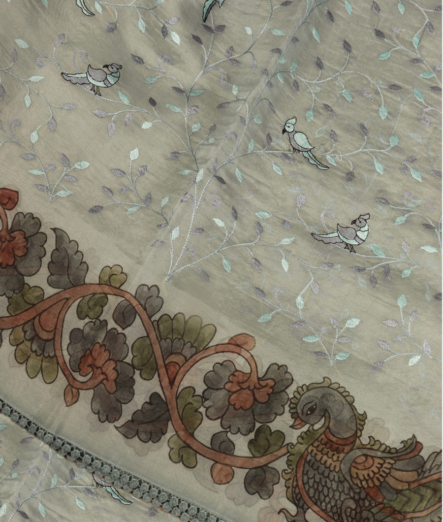 Bluish Grey Kora Organza Printed Saree T310029-image