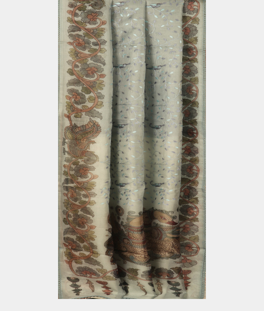 Bluish Grey Kora Organza Printed Saree T3100292