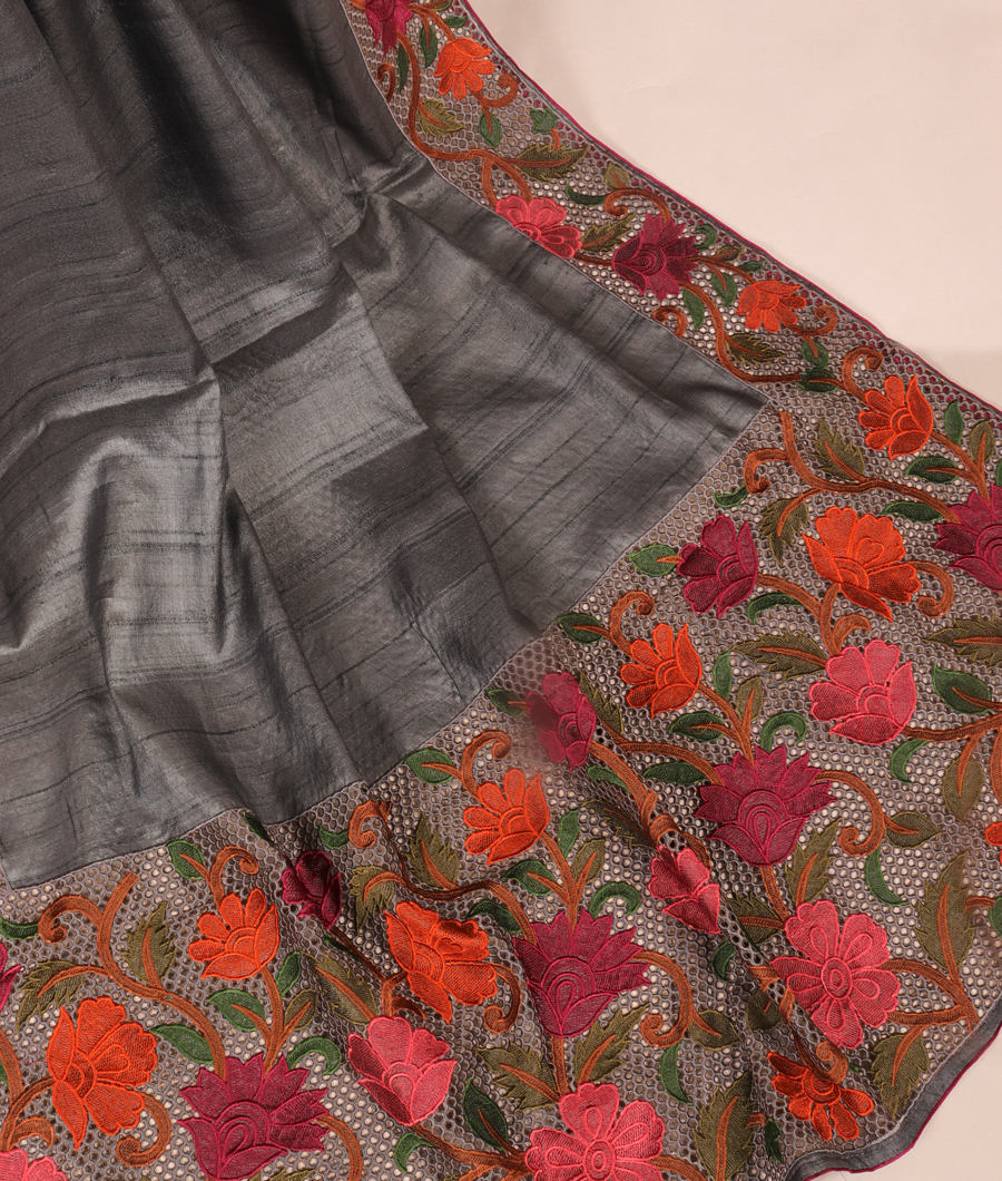 Grey Tussar cutwork saree T308493-image