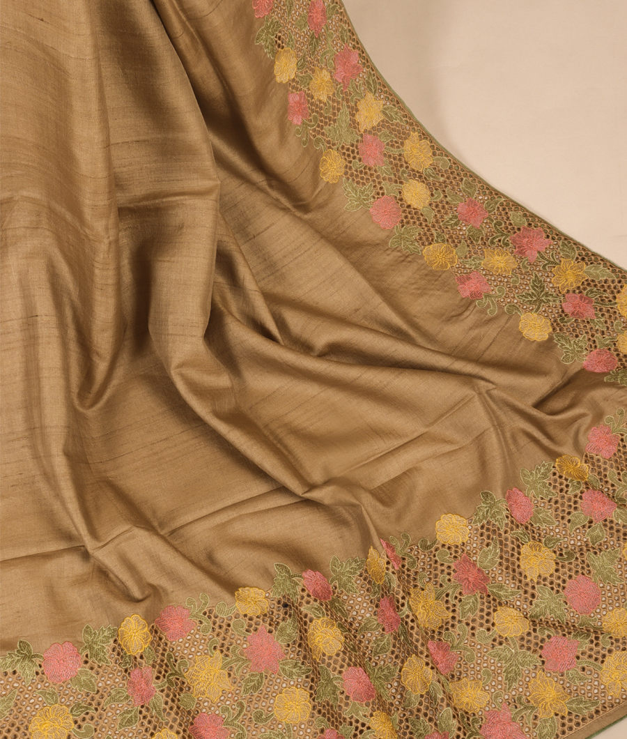 Beige Tussar cutwork saree T302664-image