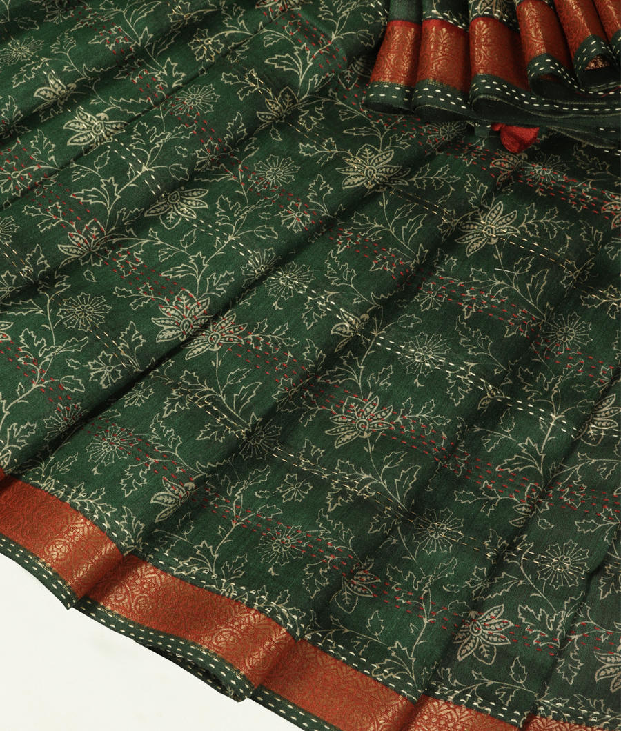 Green Tussar Printed Saree T3104994