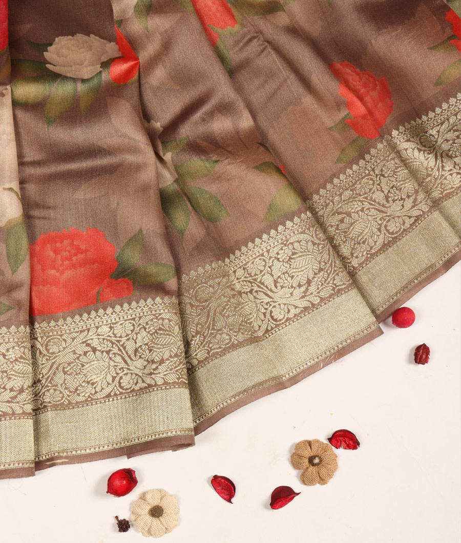 Grey banaras Kathan Tussar saree T3130832