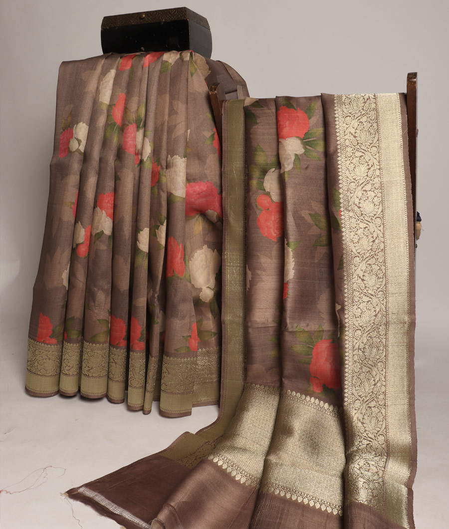 Grey banaras Kathan Tussar saree T3130834