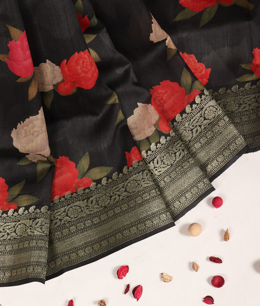 Black banaras Kathan Tussar saree T3130892