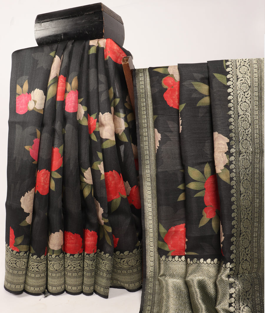 Black banaras Kathan Tussar saree T3130894