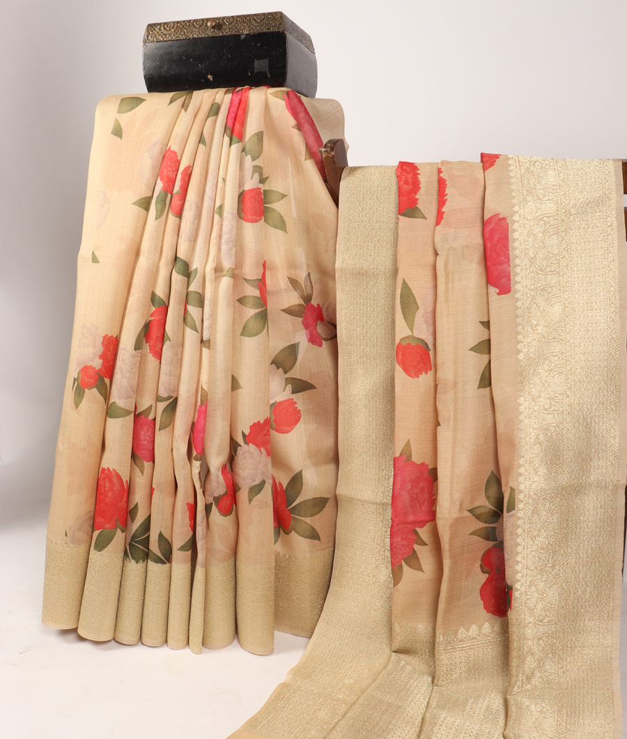 Cream Banaras Kathan Tussar Saree T3130984