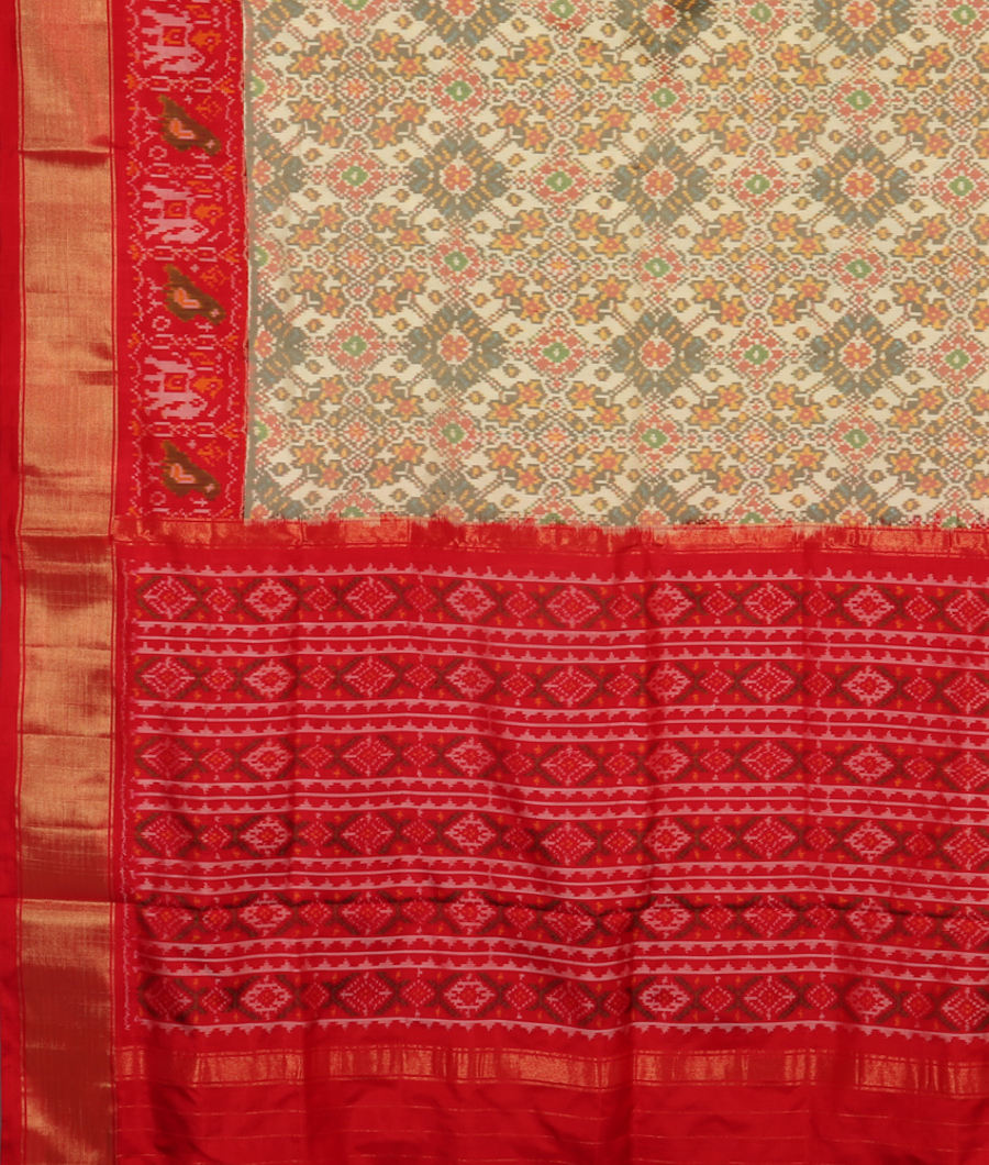 Off White Ikat Silk Saree T3112764
