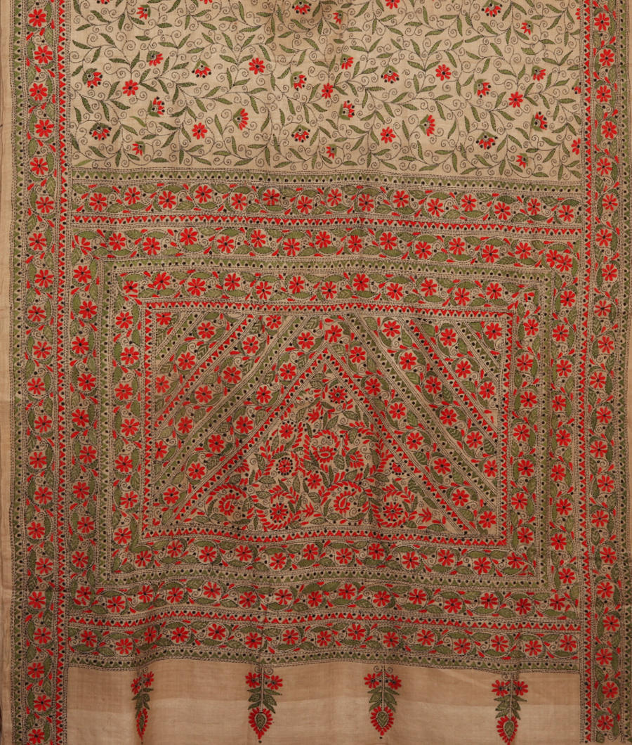 Beige Tussar Kantha Work Saree T2776204