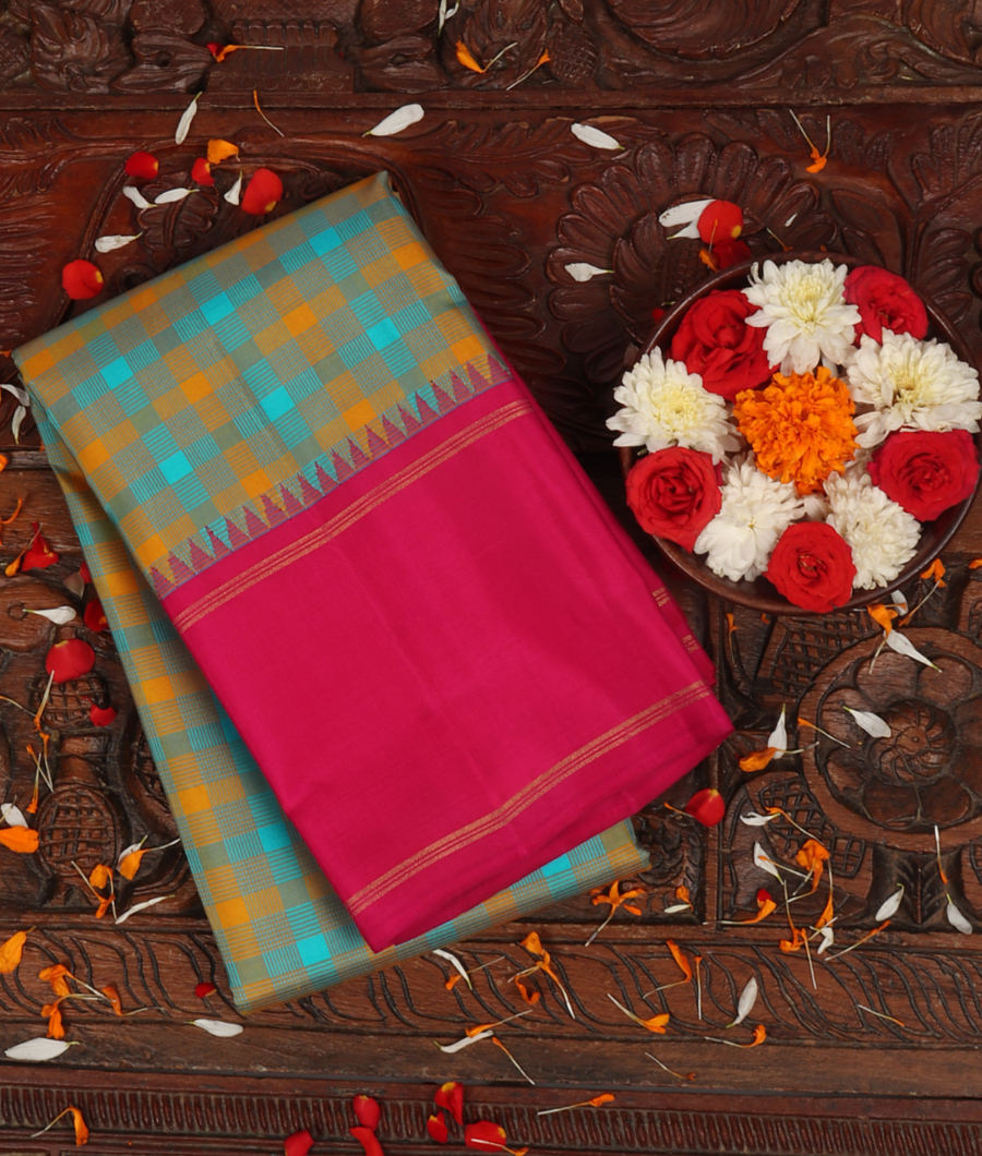 Blue and Yellow Handwoven Kanjivaram Silk Saree T317071-image