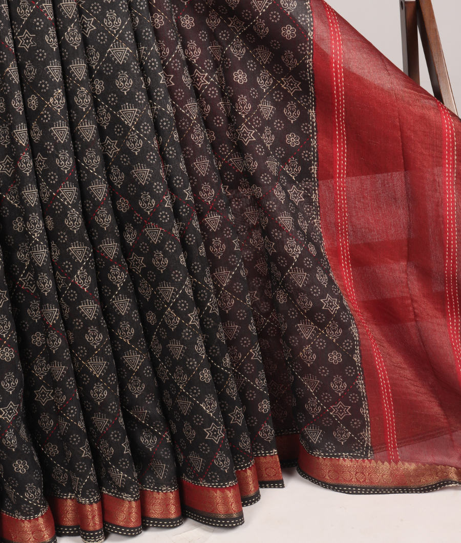 Black Tussar Printed Saree T3104032