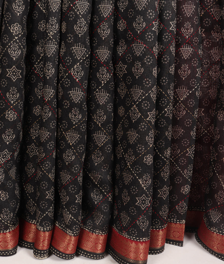 Black Tussar Printed Saree T3104034