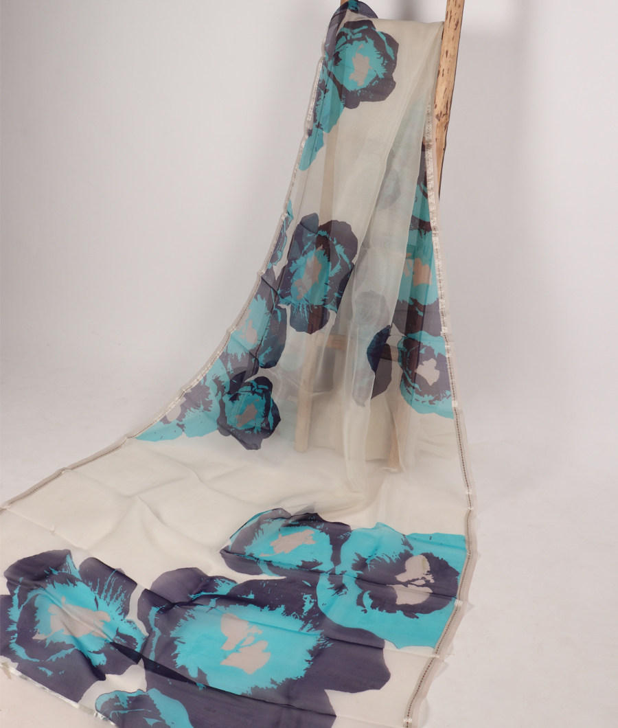 Off White Kora Organza Printed Saree T3125892
