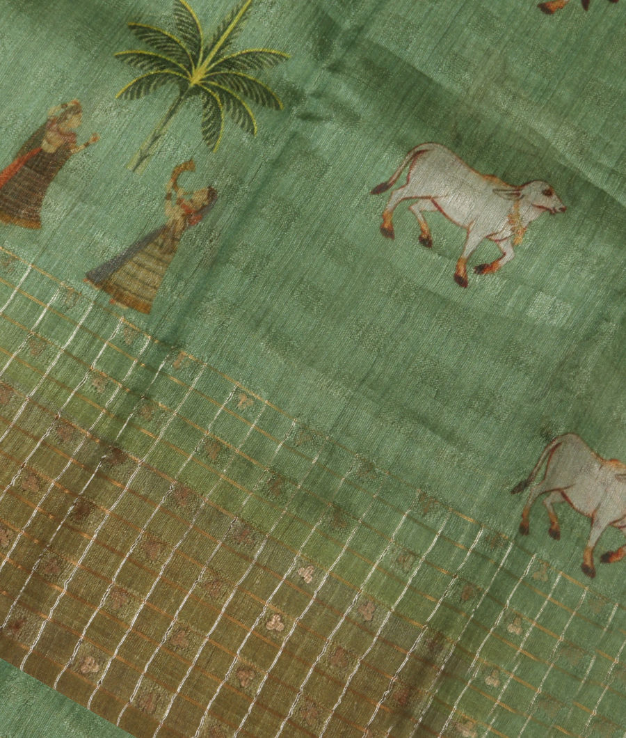 Green Tussar Organza Printed Saree T312629-image