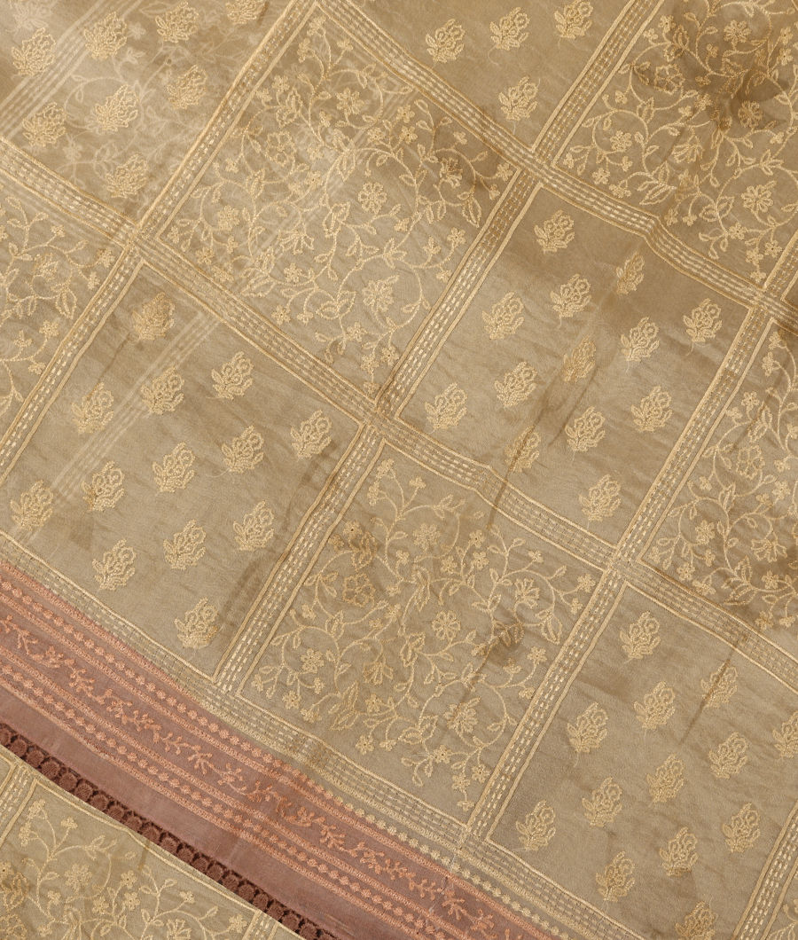Yellowish Grey Kora Organza Embroidery Saree T309805-image