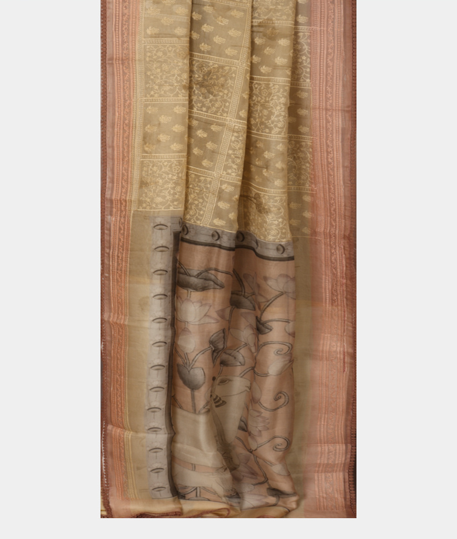 Yellowish Grey Kora Organza Embroidery Saree T3098052