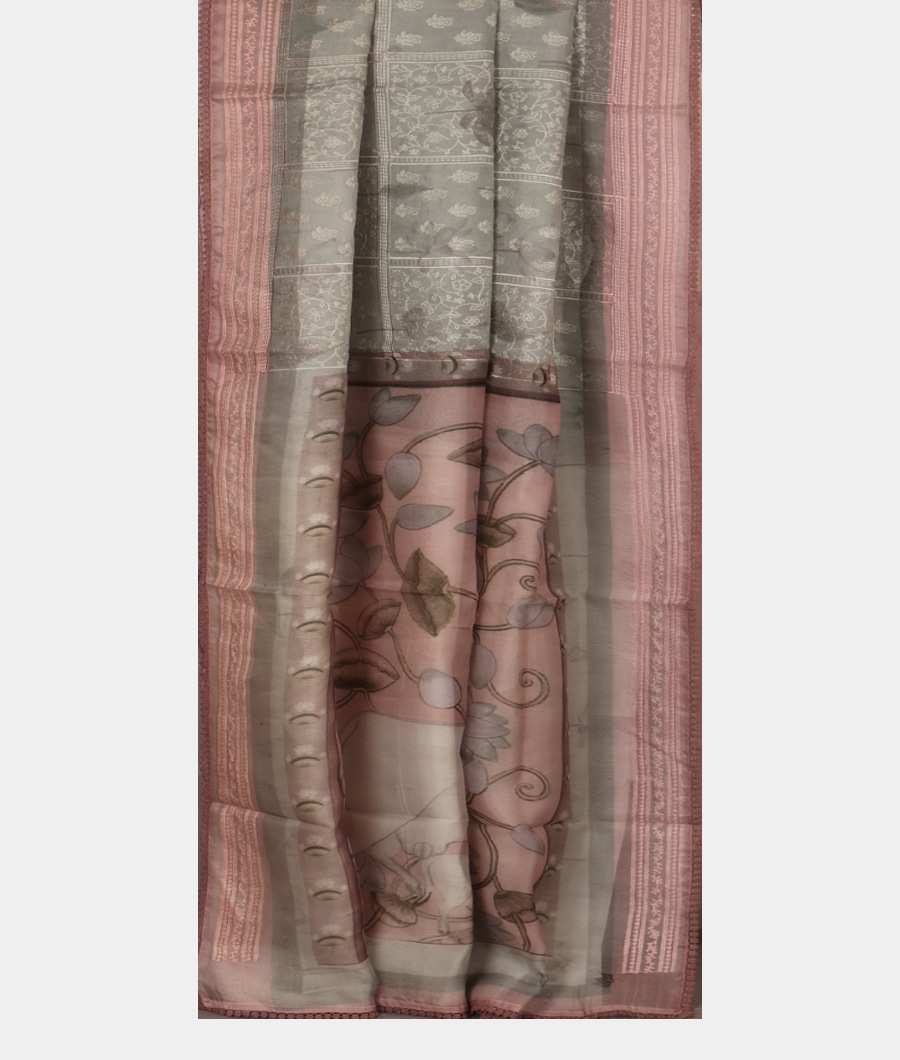 Grey Kora Organza Embroidery Saree T3098092