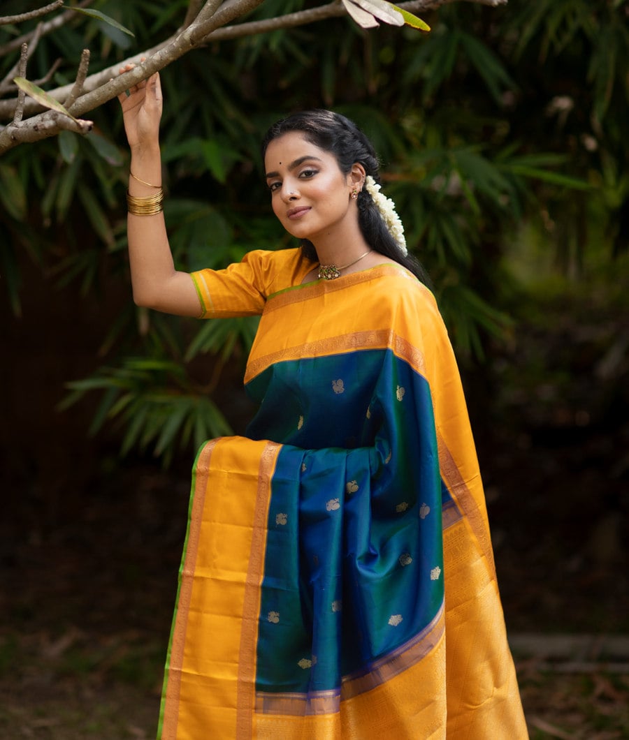 Get 20% Off on Blue Kanjeevaram Silk Checks Saree – Luxurion World