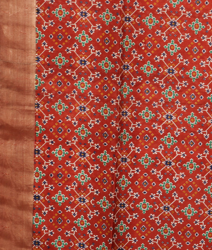 Rust Printed Raw Silk Saree T3213383
