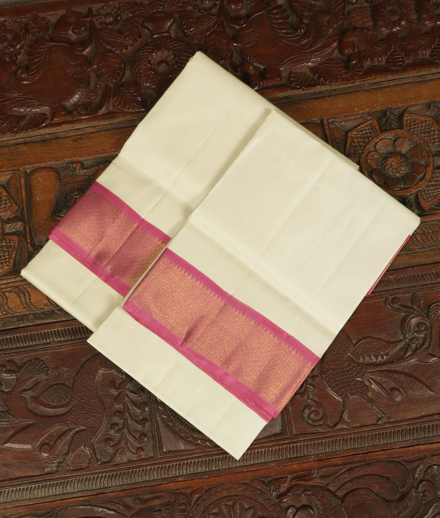 Off White Handwoven Kanjivaram Silk Dhoti and Vastharam T280603-image