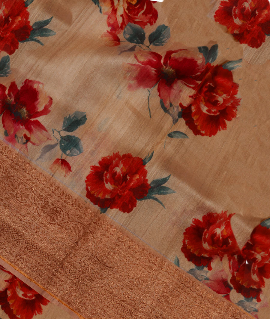 Beige Printed Banaras Tussar Georgette Saree T297189-image
