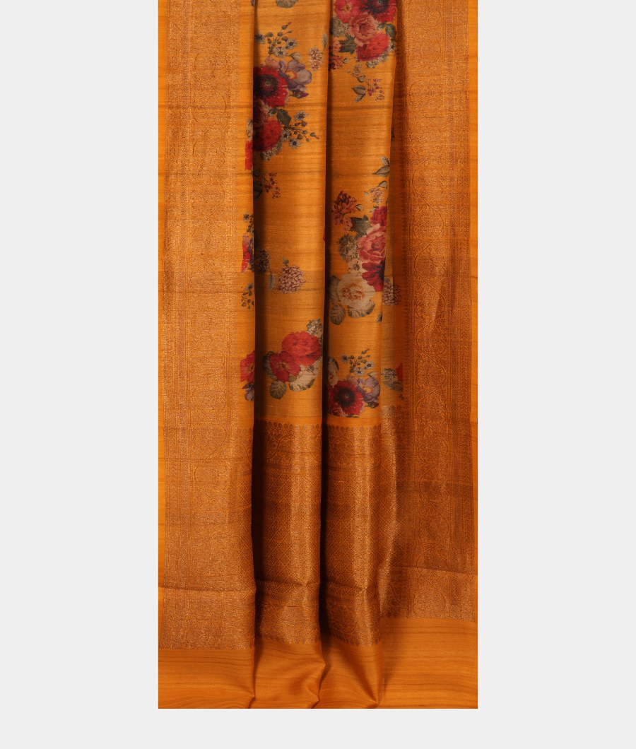 Yellow Printed Banaras Tussar Georgette Saree T3095142
