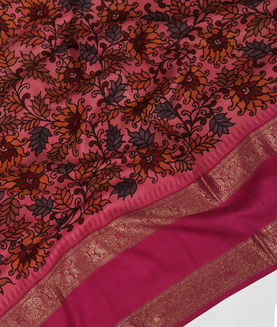 Pink Handpainted Kalamkari Kanjivaram Silk Saree T2494832