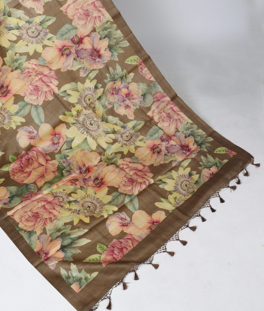 Greenish Grey Tussar Printed Saree T324241-image