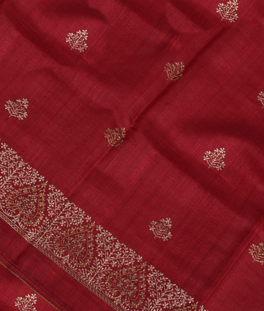 Red Tussar Embroidery Saree T320890-image