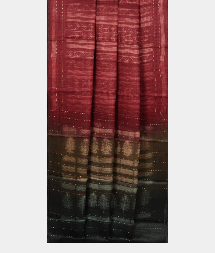 Maroon Tussar Printed Saree T3209402