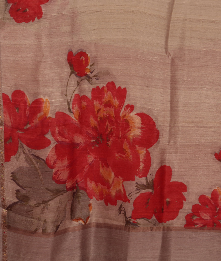 Light Grey Tussar Printed Saree T3224614