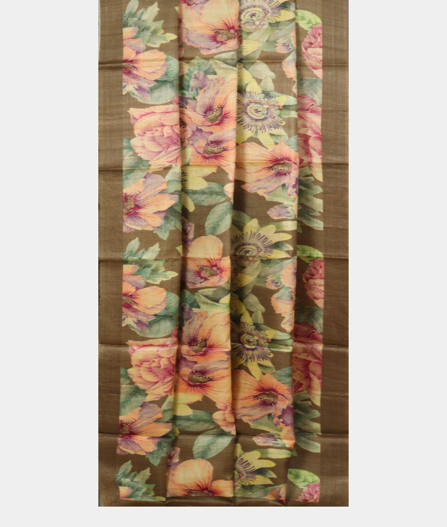 Greenish Grey Tussar Printed Saree T3242412