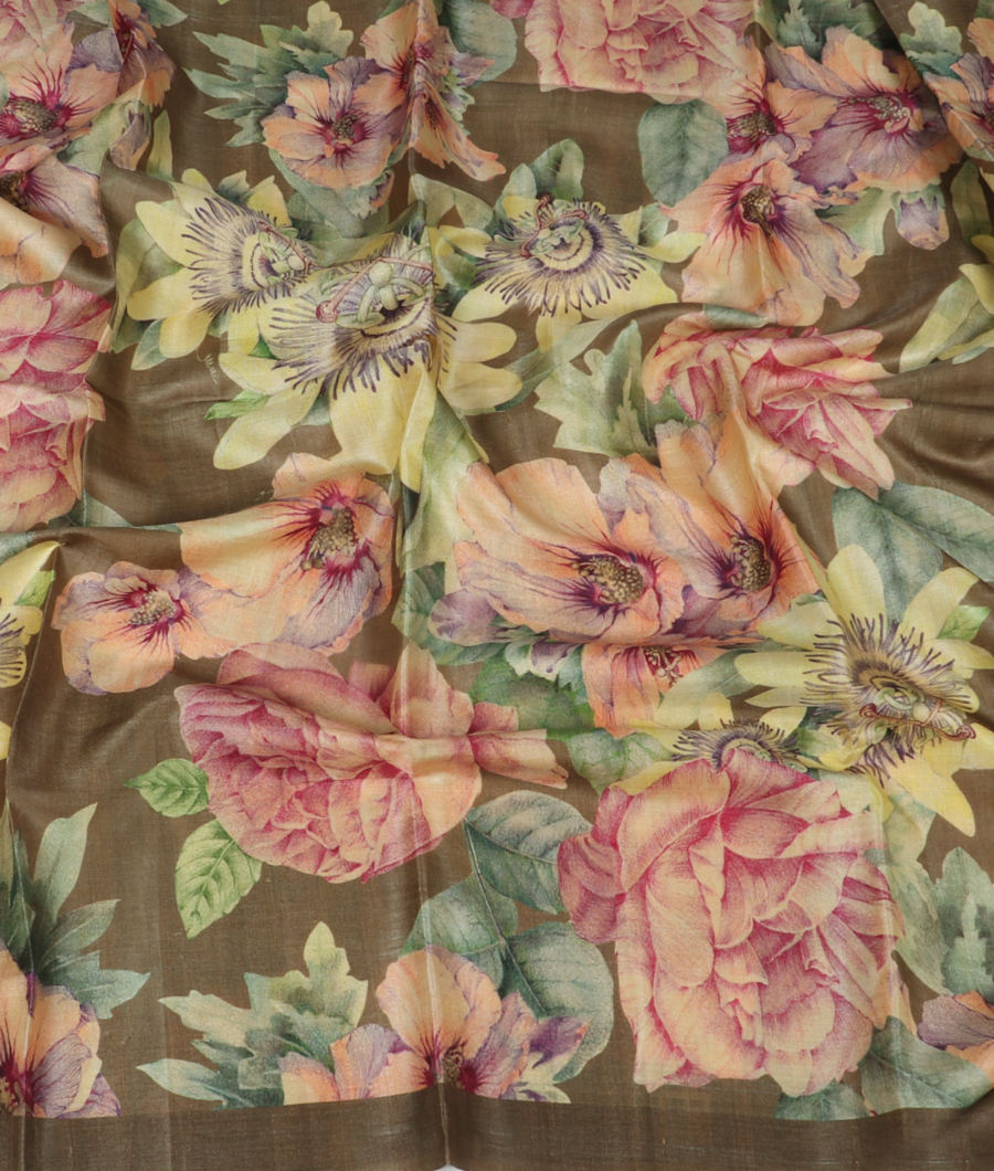 Greenish Grey Tussar Printed Saree T3242415