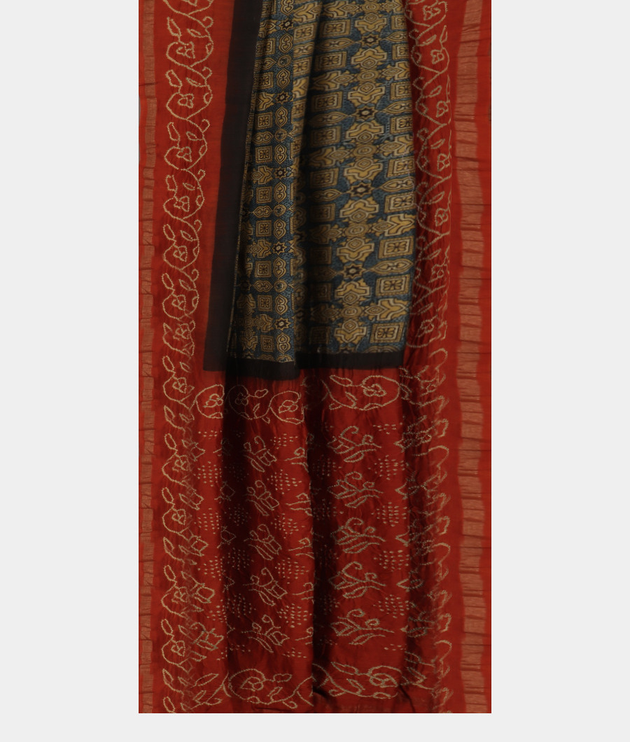 Blue Bandhani Ajrakh Cotton Saree T2185572