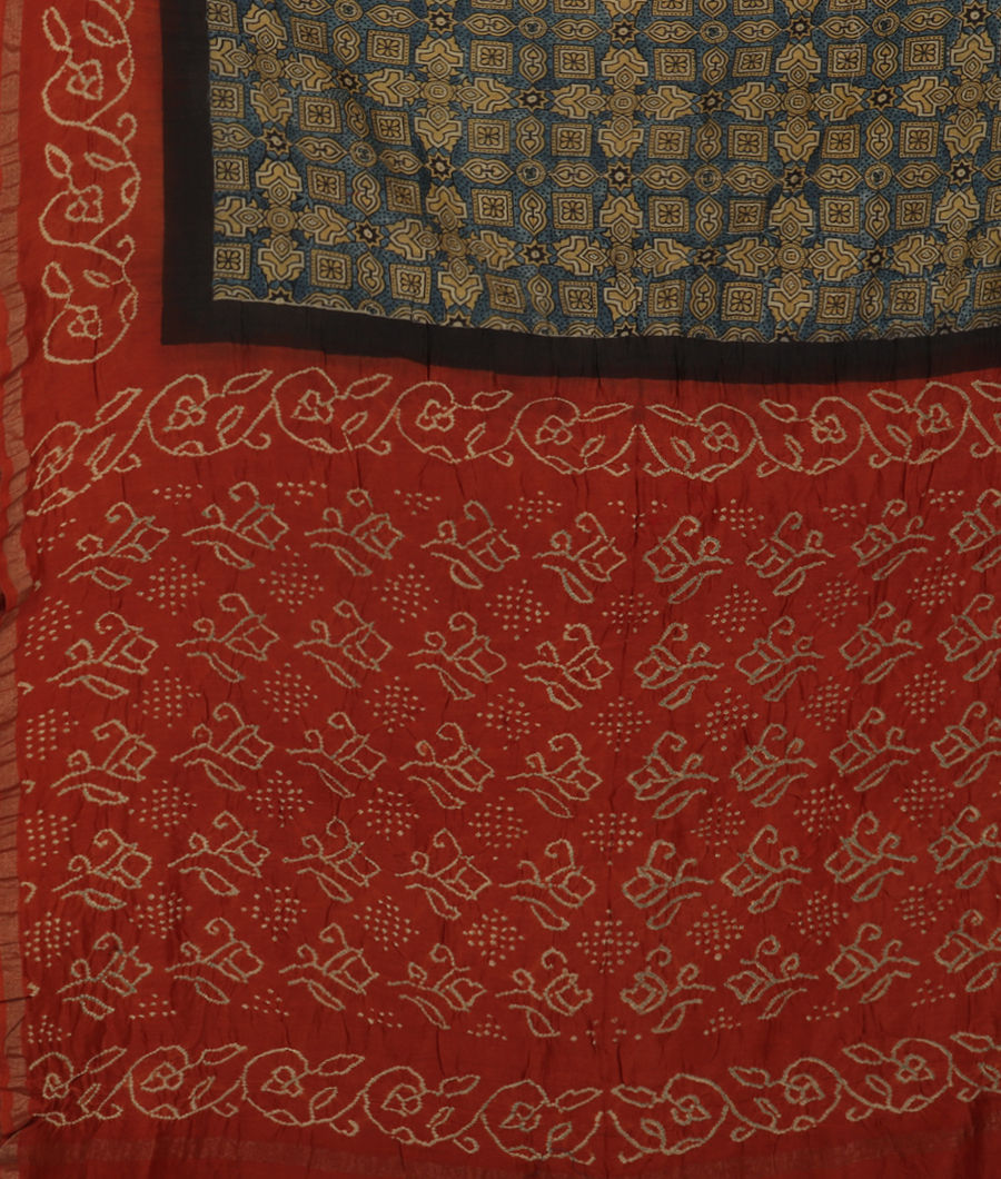 Blue Bandhani Ajrakh Cotton Saree T2185574