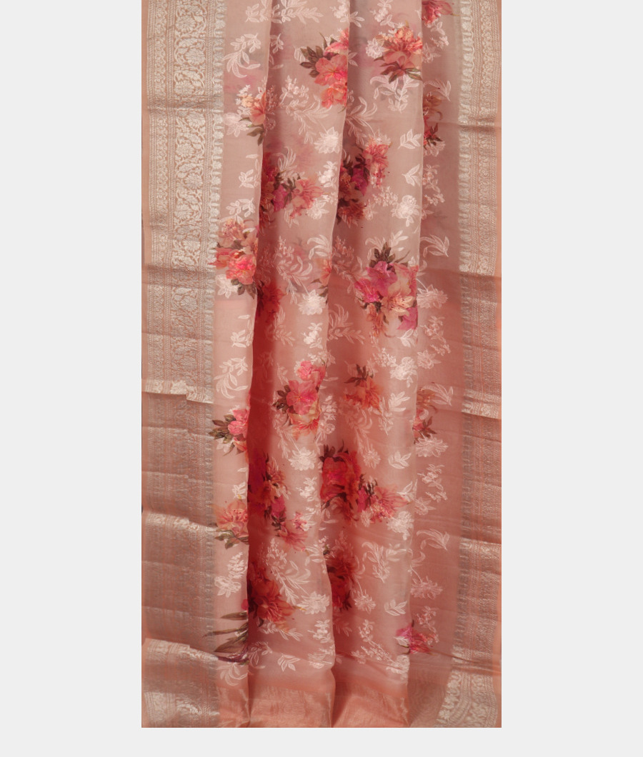 Light Peach Kora Organza Embroidery Saree T2659392