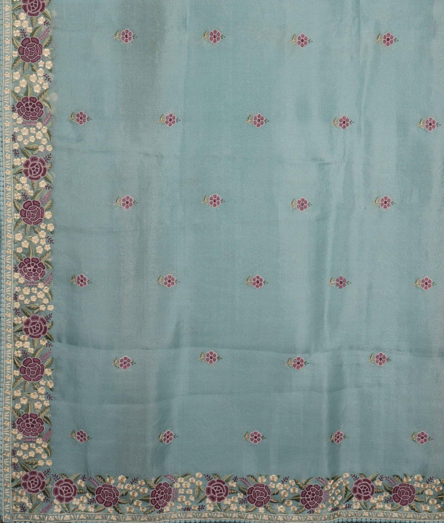 Blue Organza Embroidery Saree T3202804