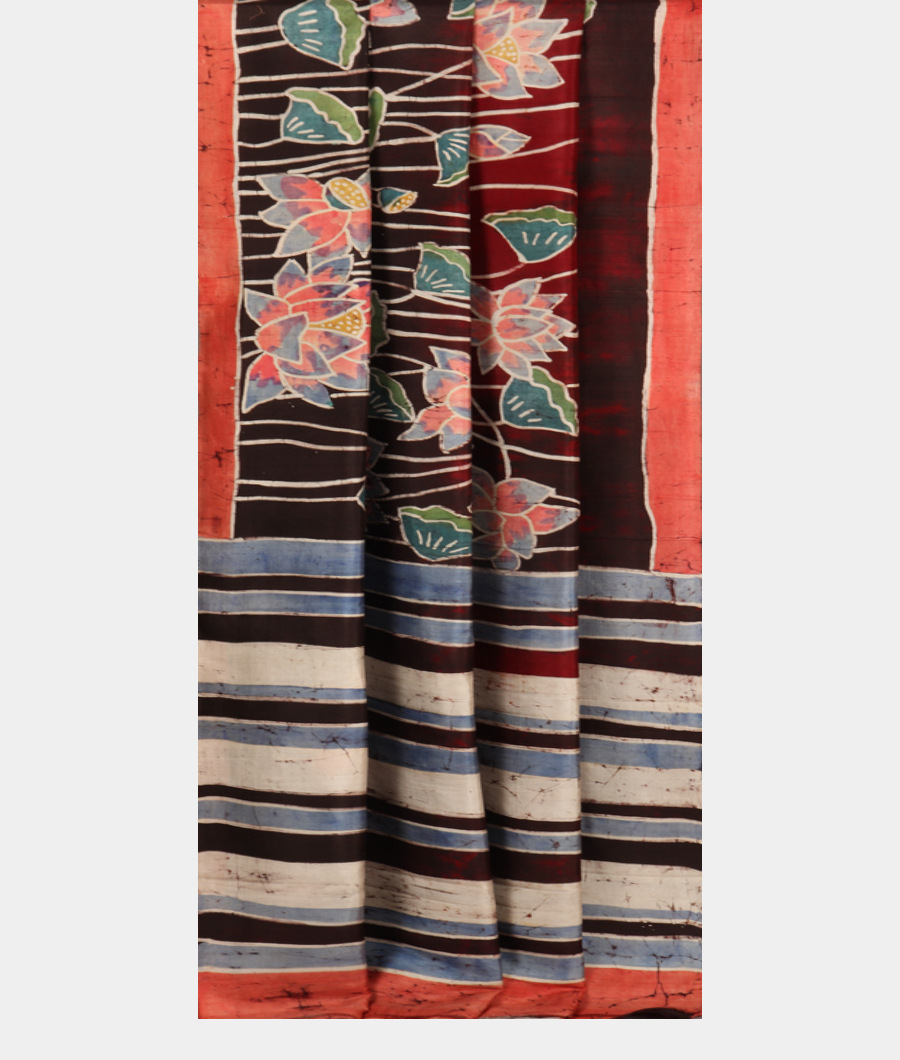 Black and Maroon Batik Printed Silk Saree T3290213