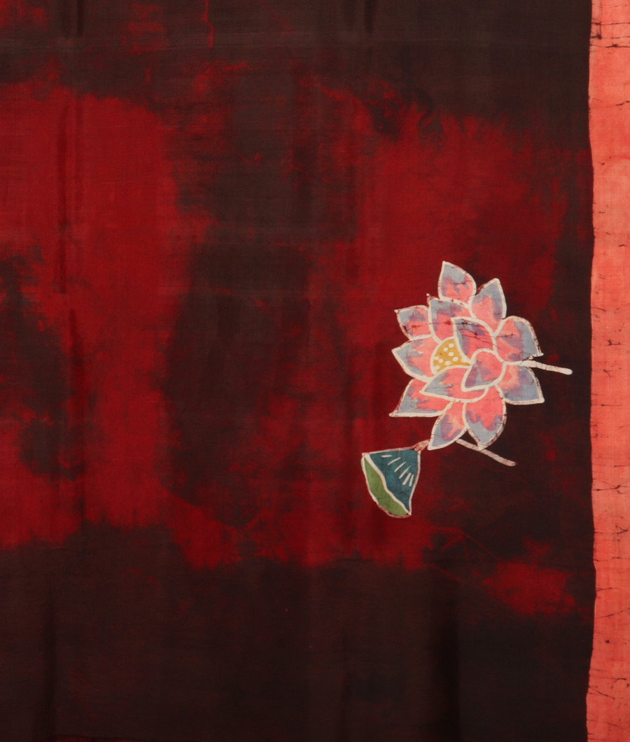 Black and Maroon Batik Printed Silk Saree T3290214