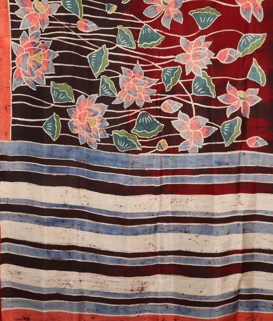 Black and Maroon Batik Printed Silk Saree T3290215