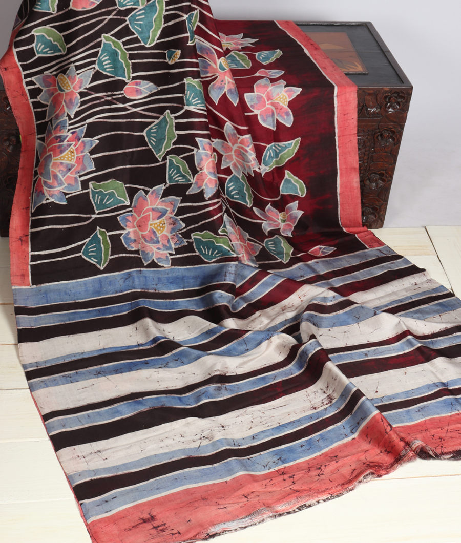 Black and Maroon Batik Printed Silk Saree T329021-image