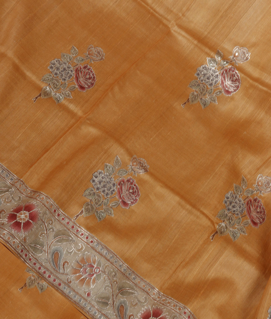 Yellow Tussar Embroidery Saree T329498-image