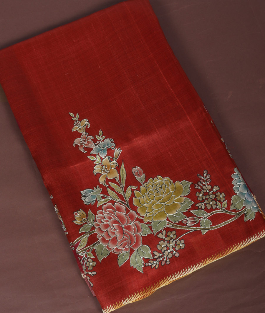 Red Tussar Embroidery Saree T329495-image