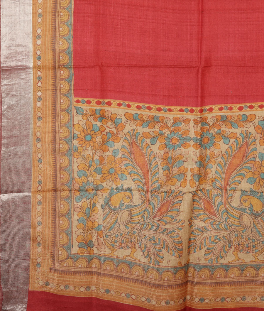 Red Tussar Printed Saree T3084684