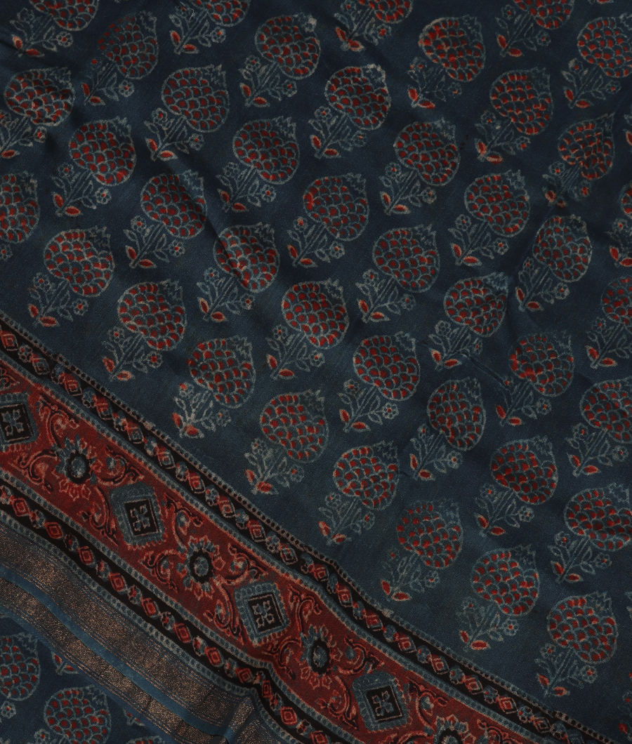 Blue Ajrakh Cotton Saree T330574-image